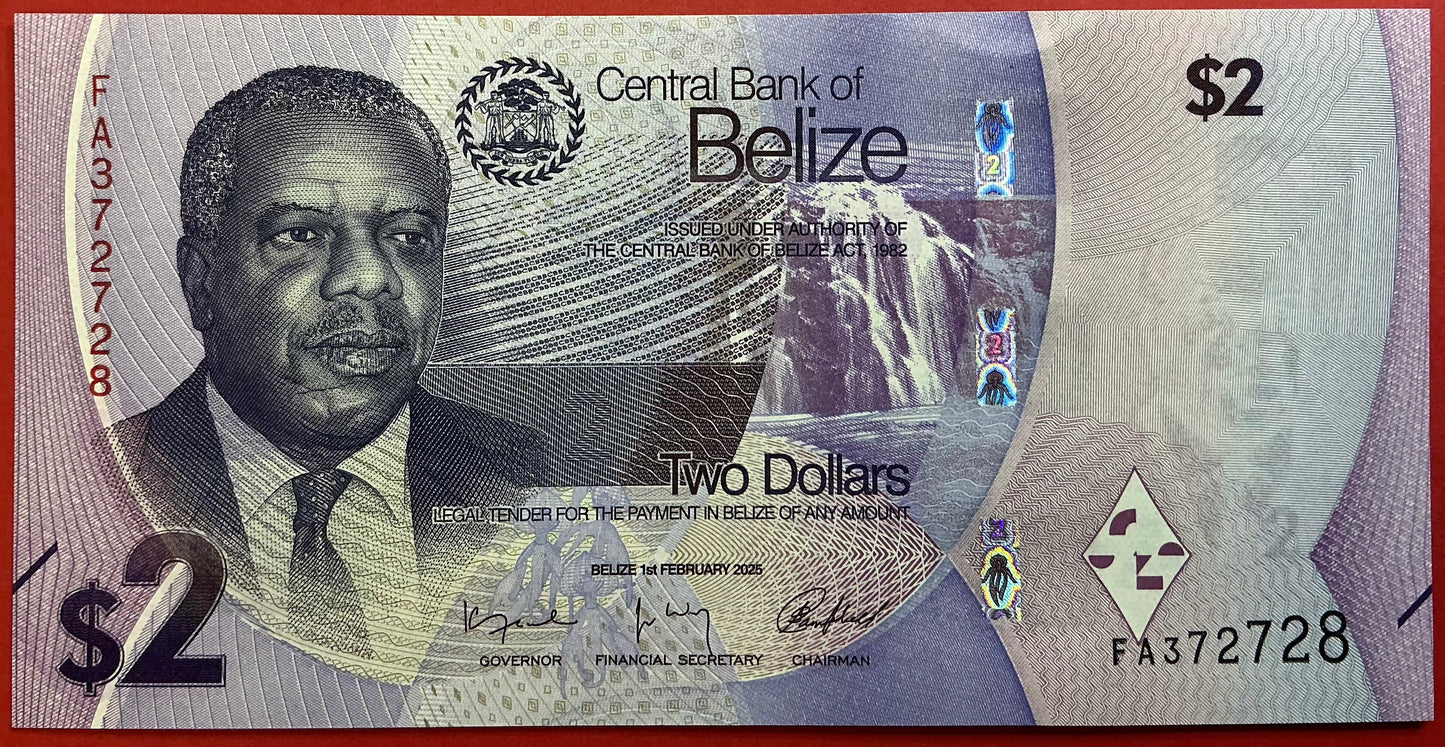 Bellize - 2 Dollars 1.2.2025 P#W73 Kvalitet 0
