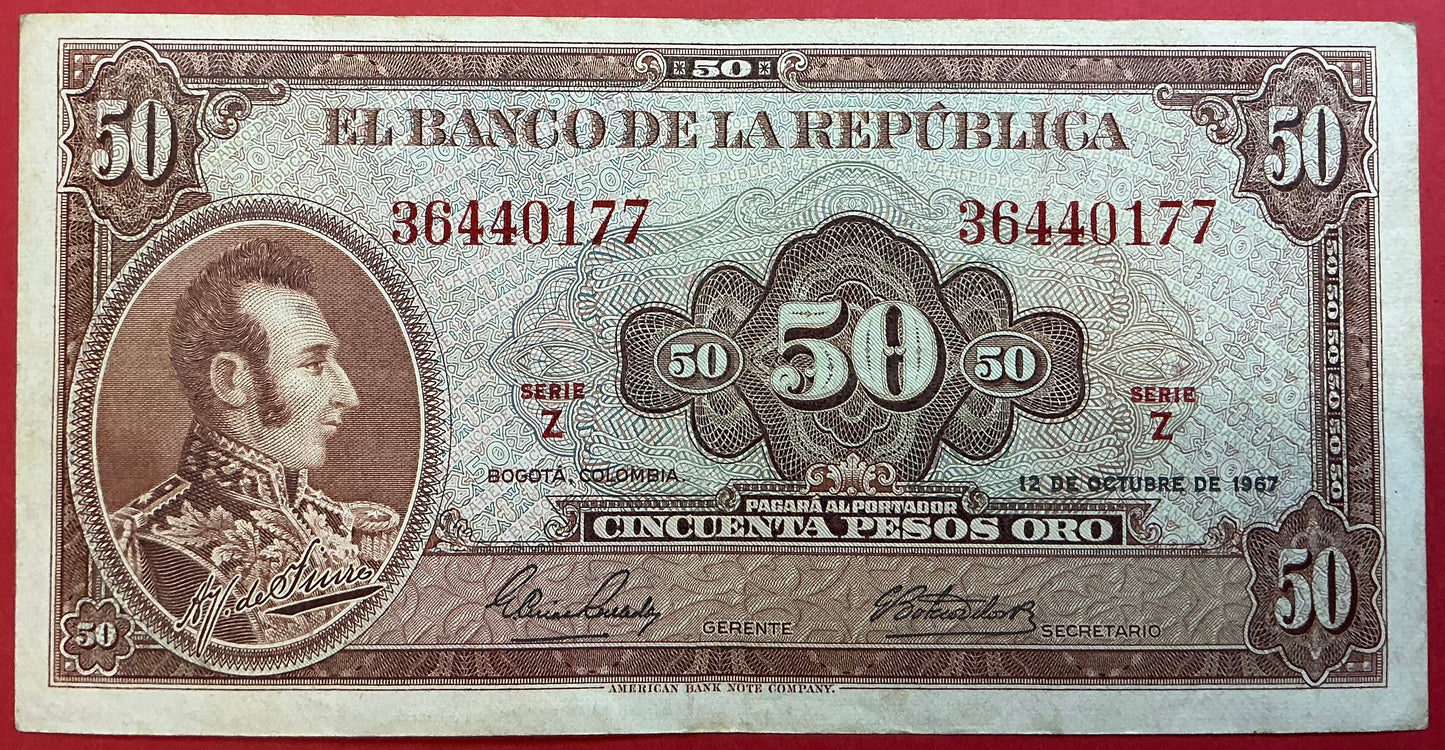 Colombia - 50 Pesos Oro 12.10.1967 P#402b Kvalitet 1+