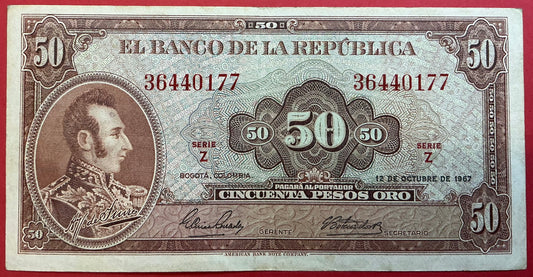 Colombia - 50 Pesos Oro 12.10.1967 P#402b Kvalitet 1+