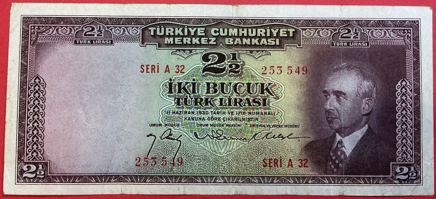 Turkey - 2 1/2 Lira 27.3.1947 P#140 Kvalitet 1+