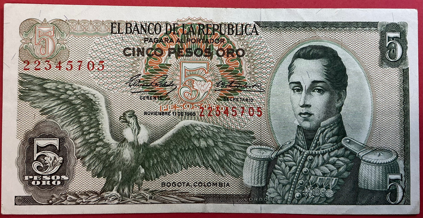 Colombia - 5 Pesos Oro 11.11.1965 P#406b Kvalitet 1+