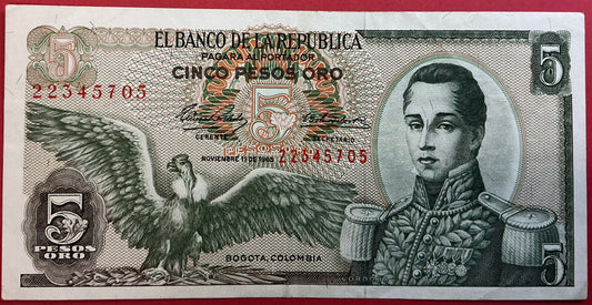 Colombia - 5 Pesos Oro 11.11.1965 P#406b Kvalitet 1+
