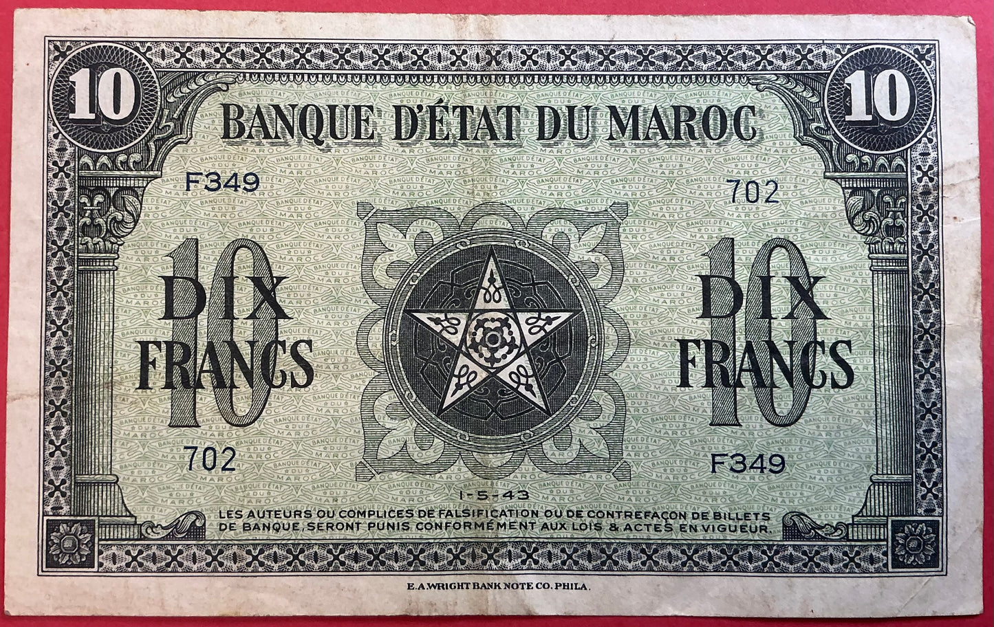 Morocco - 10 Francs 1.5.1943 P#25 Kvalitet 1+