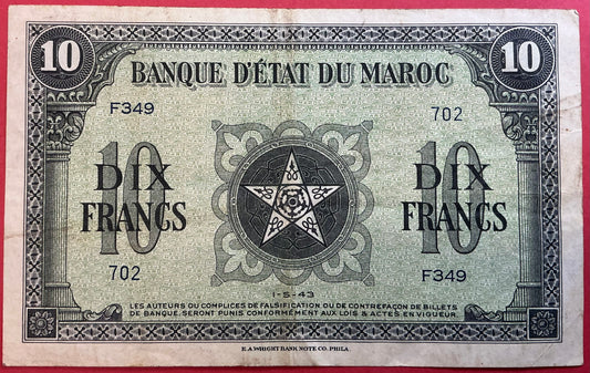 Morocco - 10 Francs 1.5.1943 P#25 Kvalitet 1+