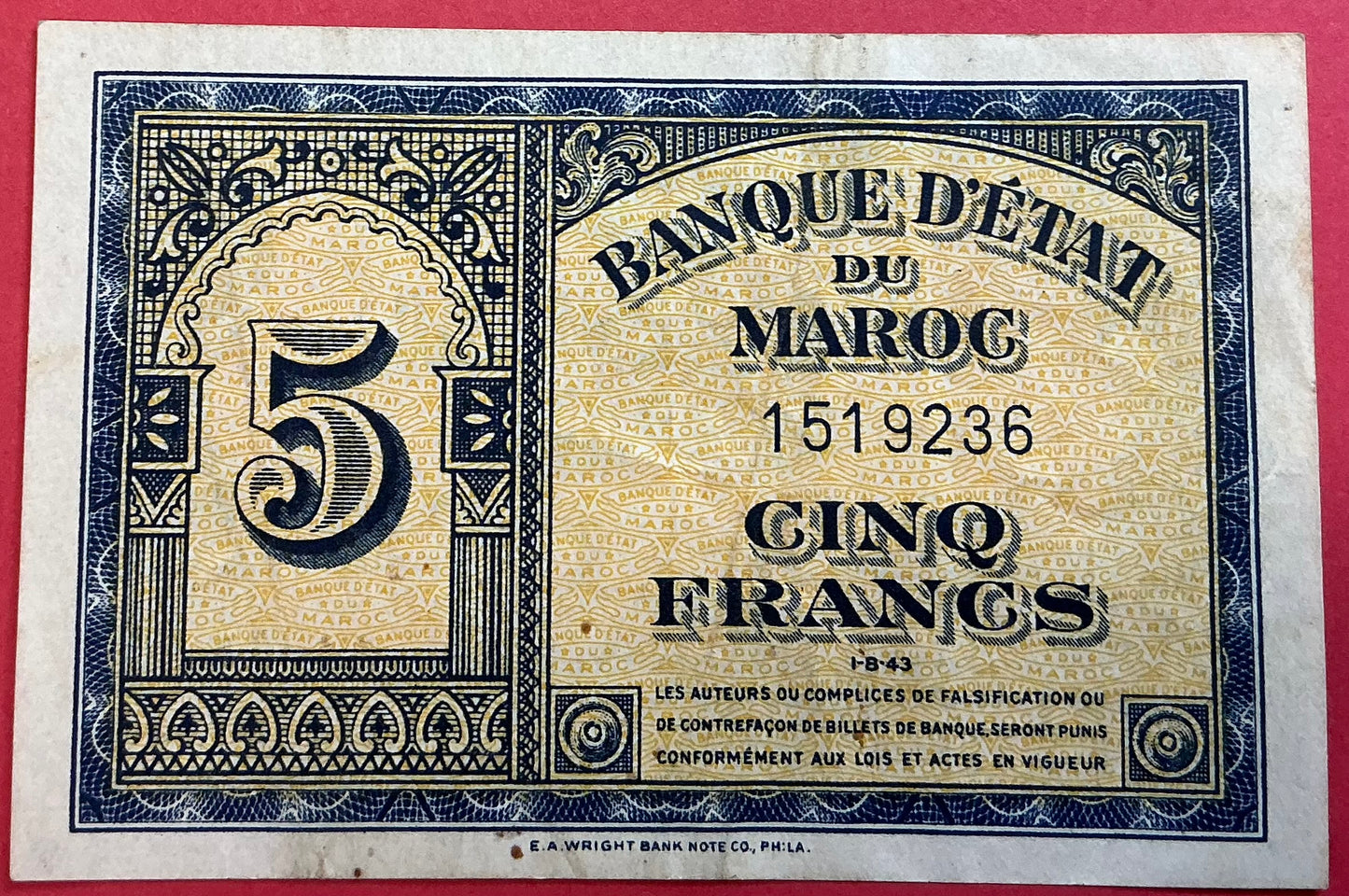 Morocco - 5 Francs 1.8.1943 P#24 Kvalitet 1+