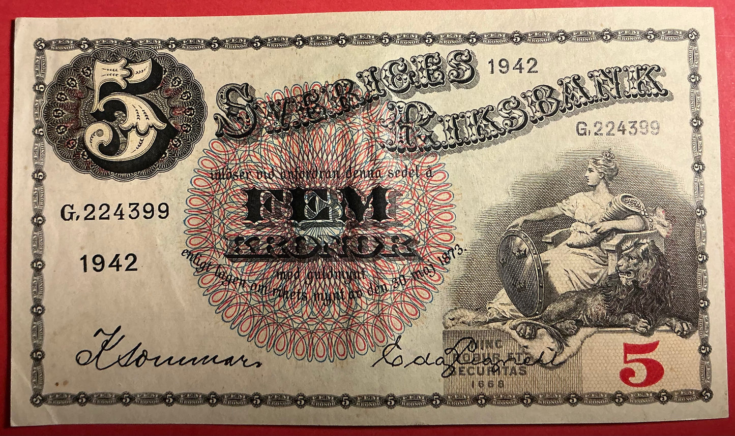 Sweden - 5 Kronor 1942 P#33y Kvalitet 1+