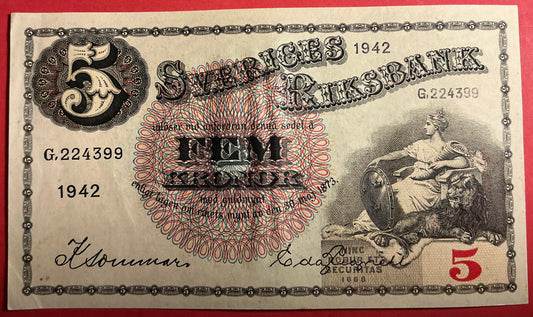 Sweden - 5 Kronor 1942 P#33y Kvalitet 1+