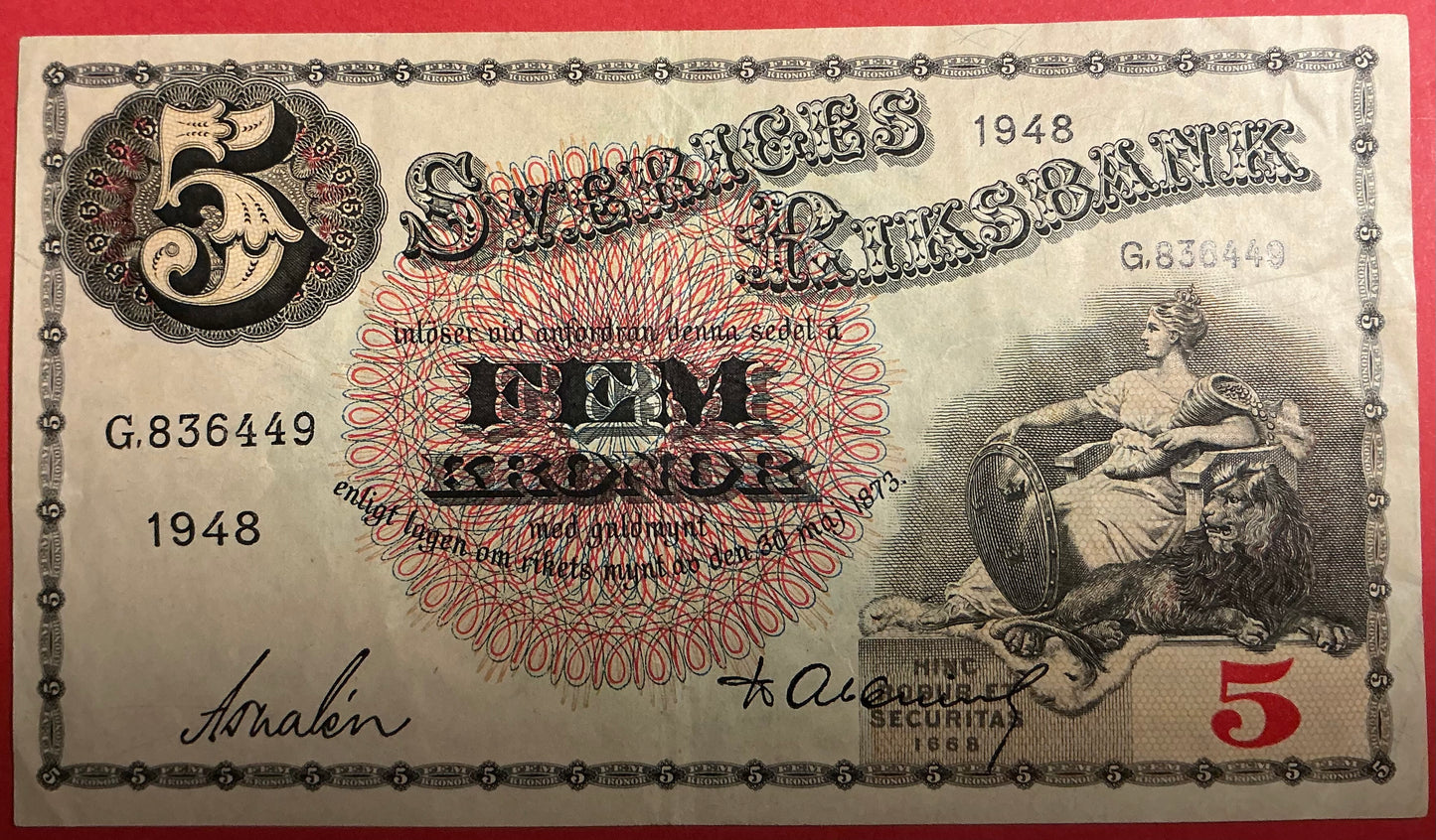 Sweden - 5 Kronor 1948 P#33ae Kvalitet 1+