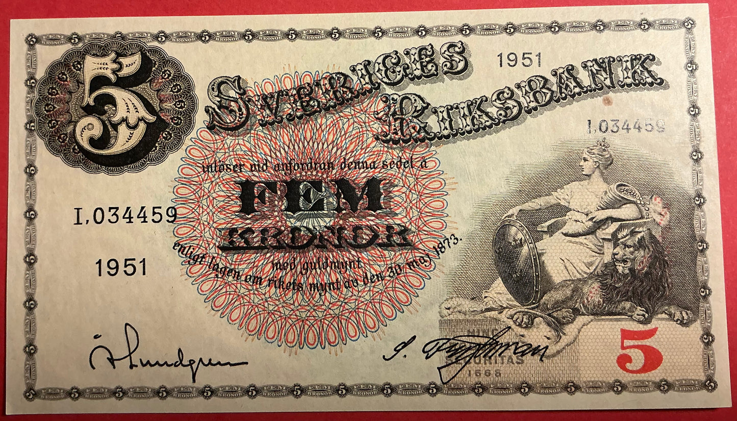 Sweden - 5 Kronor 1951 P#33ah Kvalitet 01/0