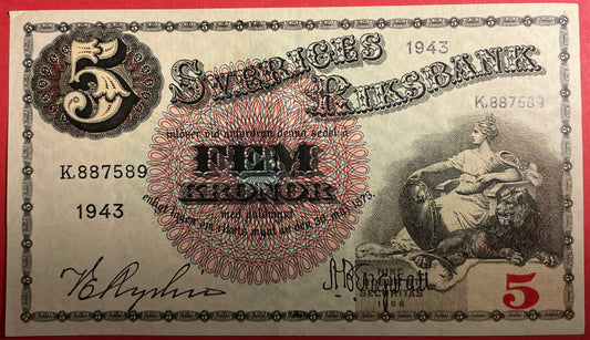 Sweden - 5 Kronor 1943 P#33z Kvalitet 01