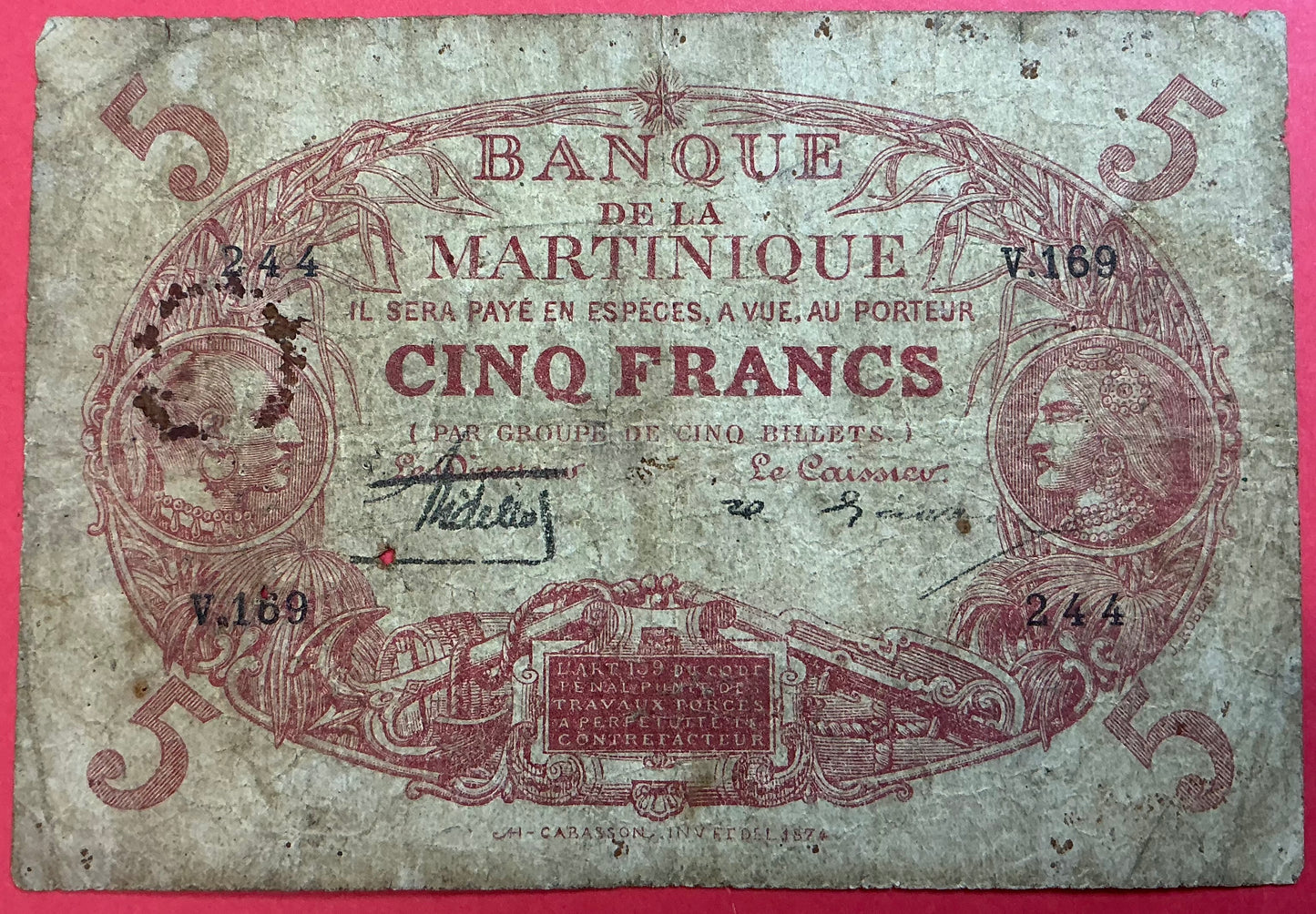 Martinique - 5 Francs (1903-34) P#6A Kvalitet 1-