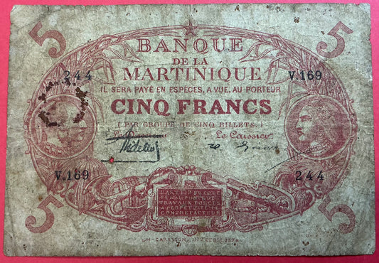 Martinique - 5 Francs (1903-34) P#6A Kvalitet 1-