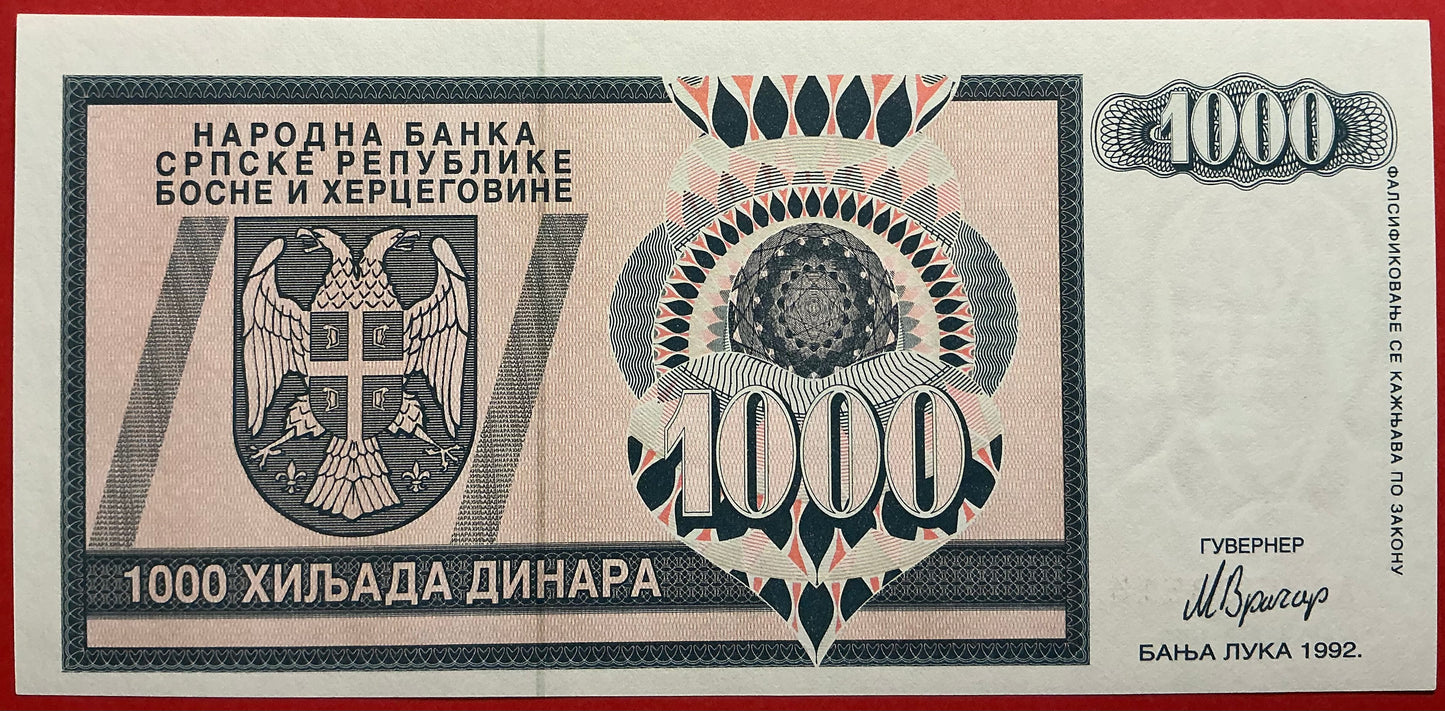 Bosnia Herzegovina/SRPSKA Republic  - 1000 Dinara 1992 P#137a Kvalitet 0