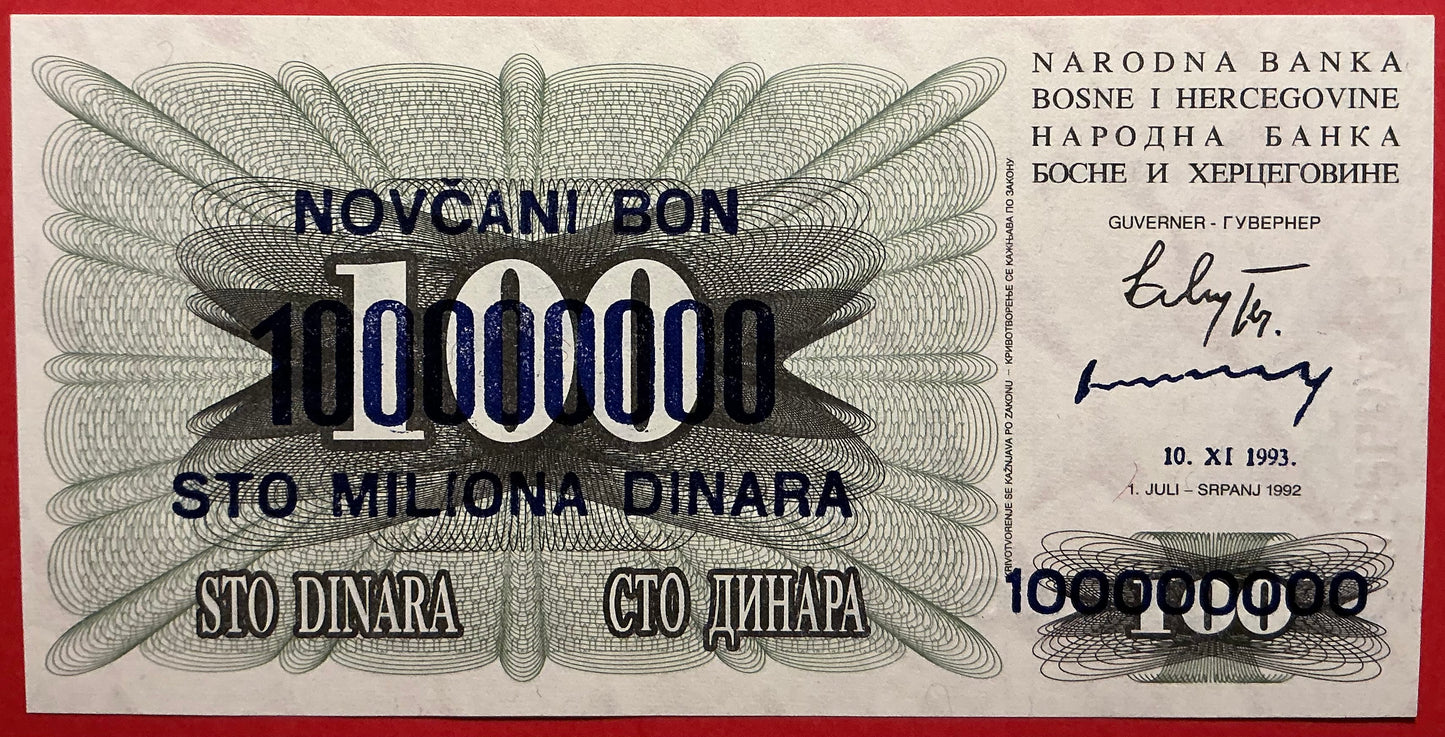 Bosnia Herzegovina - 100.000.000 Dinara 10.11.1993 P#37a Kvalitet 0