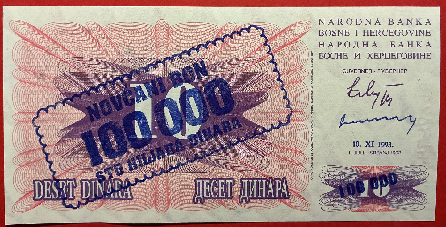 Bosnia Herzegovina - 100.000 Dinara 10.11.1993 P#34b Kvalitet 0
