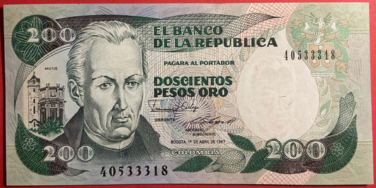 Columbia - 200 Pesos Oro 1.4.1987 P#429d Kvalitet 0