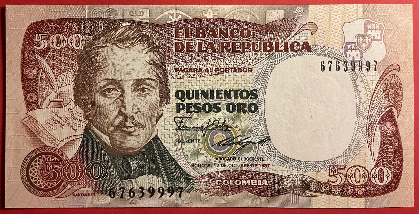 Columbia - 500 Pesos Oro 12.10.1987 P#431 Kvalitet 01