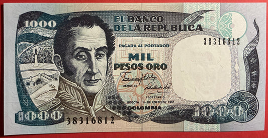 Columbia - 1000 Pesos Oro 1.1.1991 P#432 Kvalitet 0