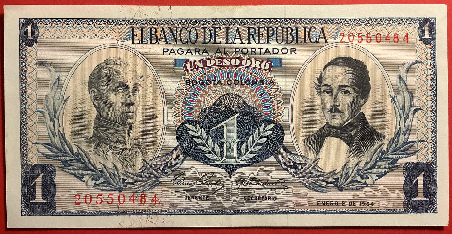 Columbia - 1 Peso Oro 2.1.1964 P#404b Kvalitet 01