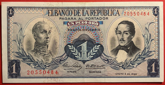 Columbia - 1 Peso Oro 2.1.1964 P#404b Kvalitet 01