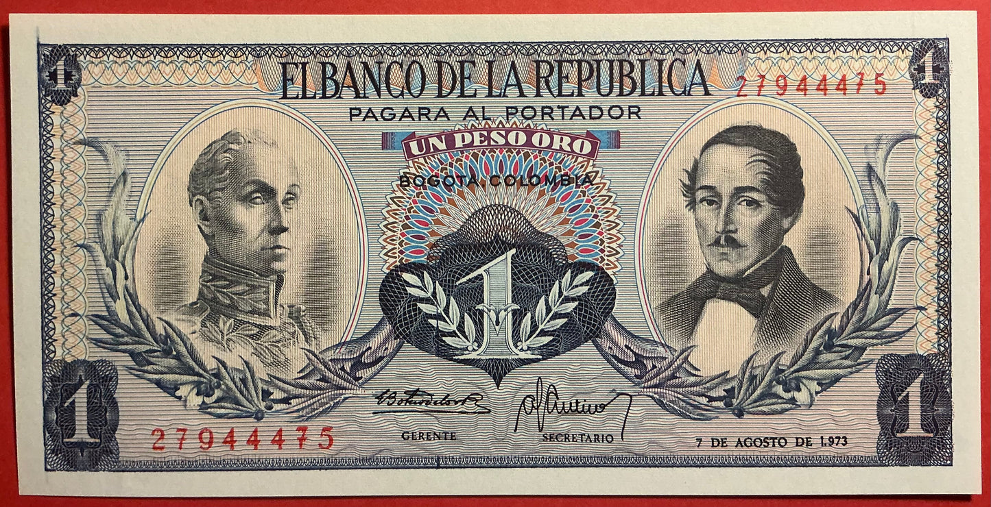 Columbia - 1 Peso Oro 7.8.1973 P#404e Kvalitet 0
