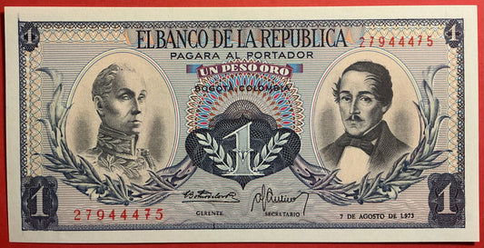Columbia - 1 Peso Oro 7.8.1973 P#404e Kvalitet 0