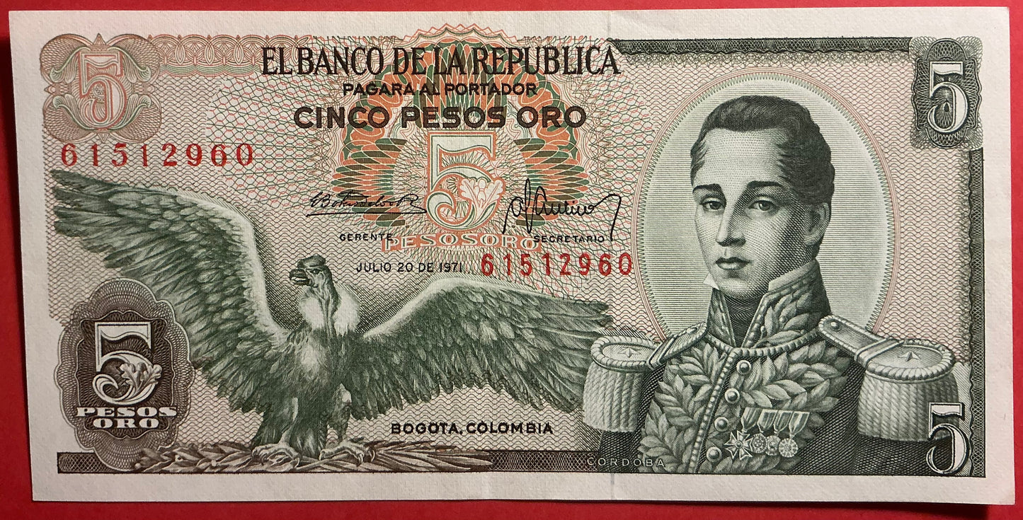 Columbia - 5 Pesos Oro 20.7.1971 P#406c Kvalitet 01