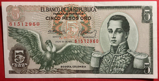 Columbia - 5 Pesos Oro 20.7.1971 P#406c Kvalitet 01