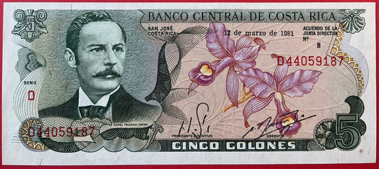 Costa Rica - 5 Colones 12.3.1981 P#236d Kvalitet 0