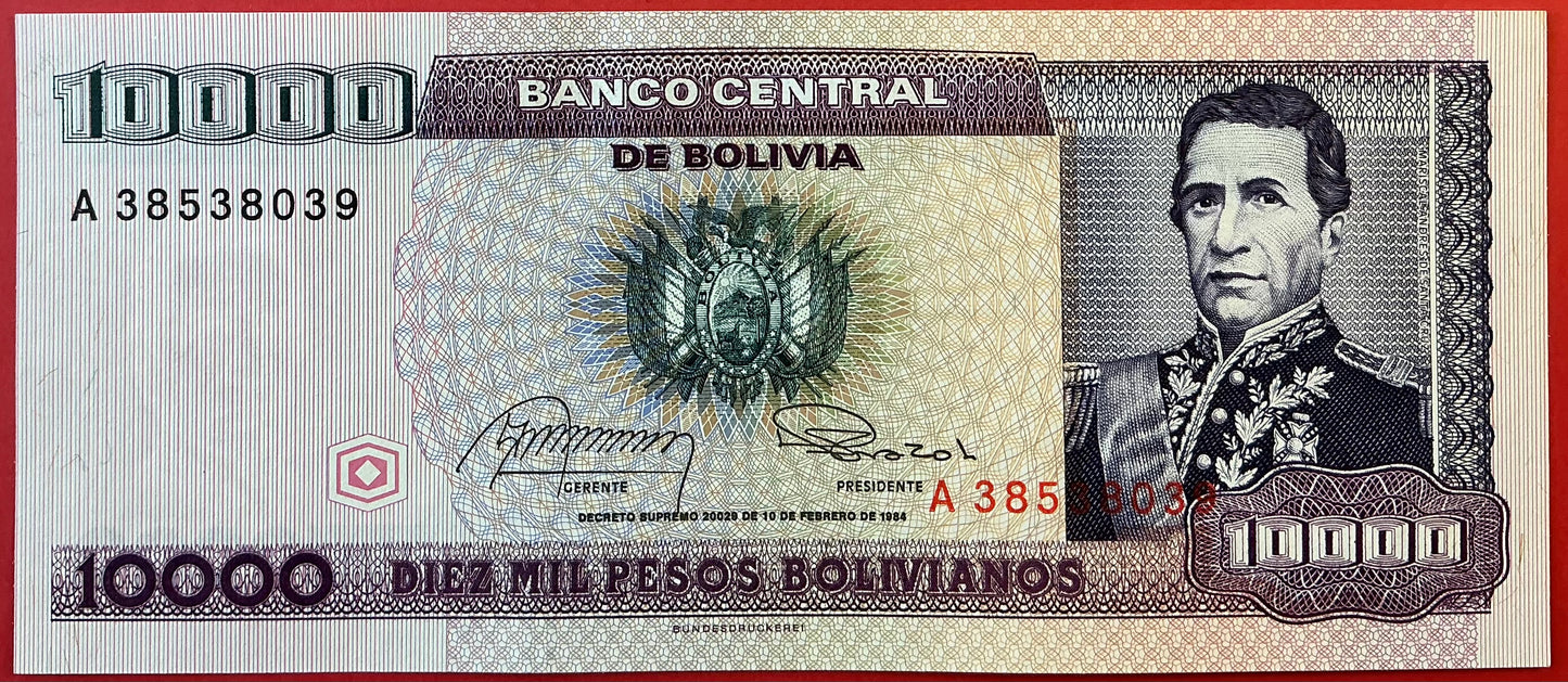 Bolivia - 10.000 Pesos Bolivianos 10.2.1984 P#169a Kvalitet 0