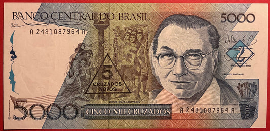 Brazil - 5 Cruzados Novos on 5000 Cruzados (1989) P#217a Kvalitet 0