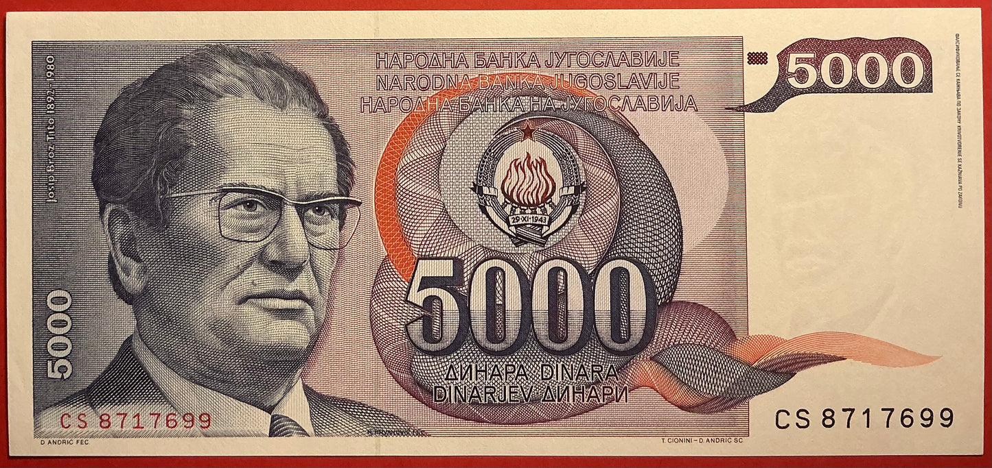 Yugoslavia - 5000 Dinara 1.5.1985 P#93 Kvalitet 0