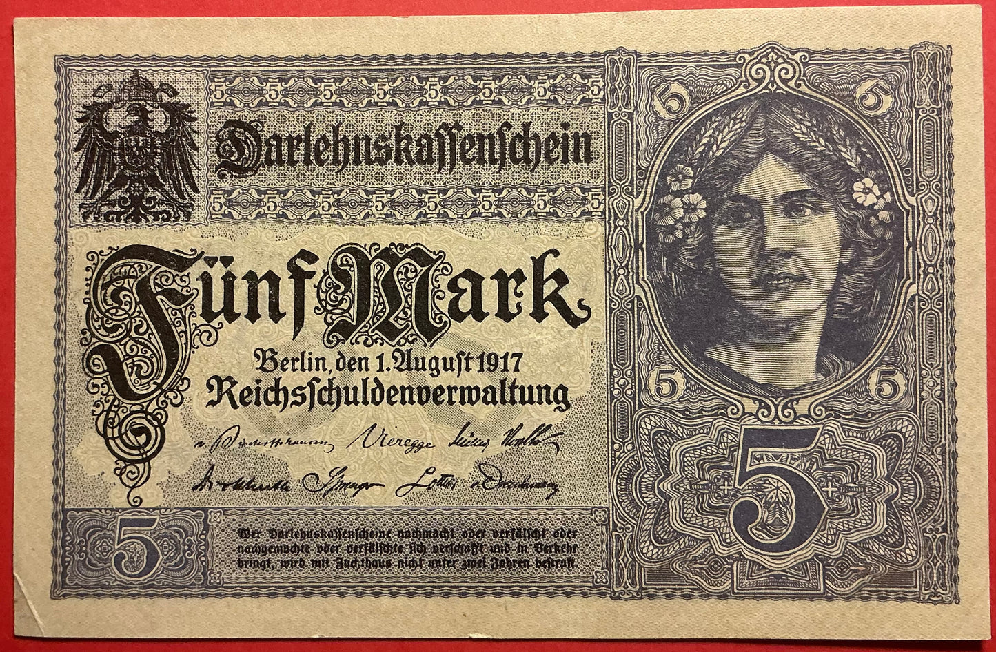 Germany - 5 Mark 1.8.1917 P#56a Kvalitet 1+