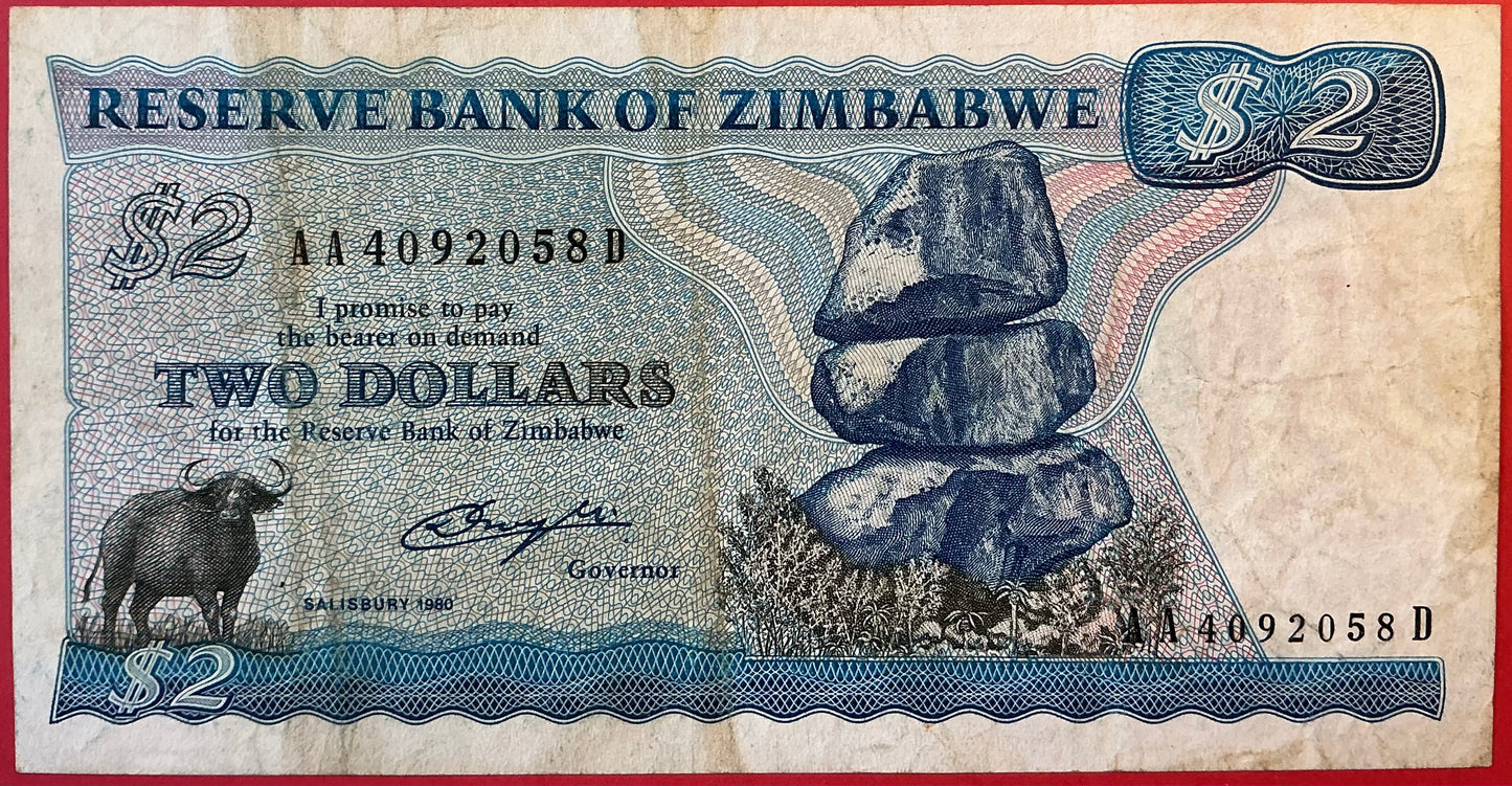 Zimbabwe - 2 Dollars 1980 P#1a Kvalitet 1+