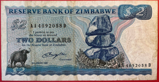 Zimbabwe - 2 Dollars 1980 P#1a Kvalitet 1+