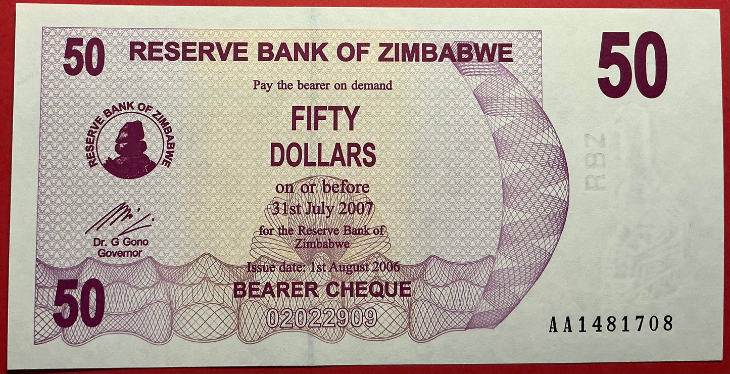 Zimbabwe - 50 Dollars 1.8.2006 P#41 Kvalitet 0