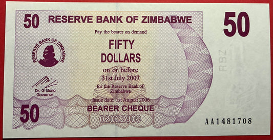 Zimbabwe - 50 Dollars 1.8.2006 P#41 Kvalitet 0