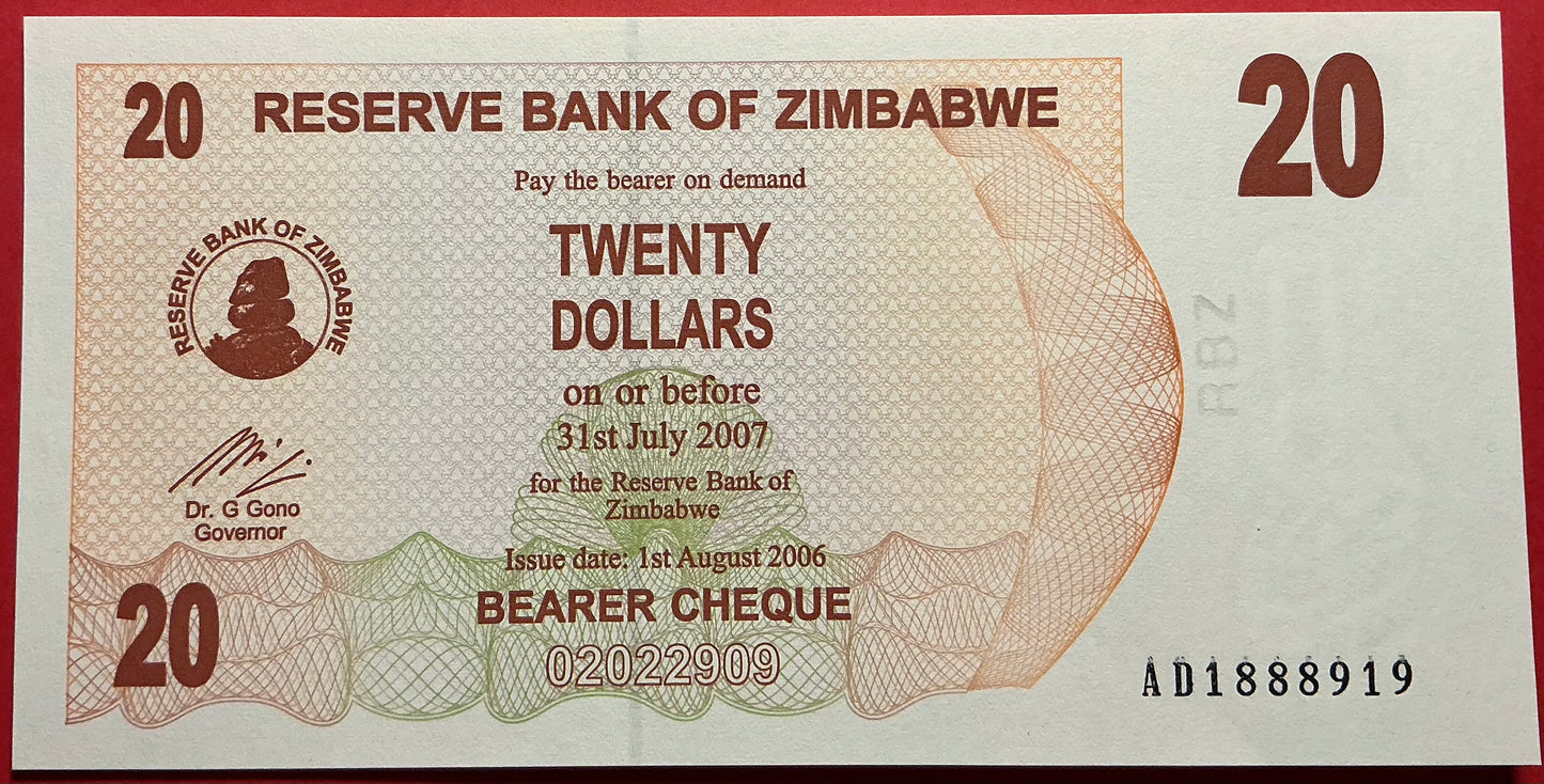 Zimbabwe - 20 Dollar 1.8.2006 P#40 Kvalitet 0