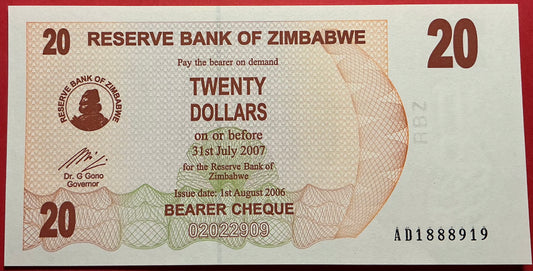 Zimbabwe - 20 Dollar 1.8.2006 P#40 Kvalitet 0
