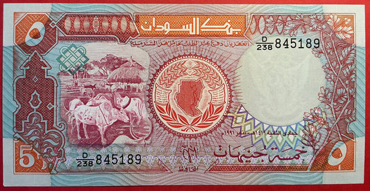 Sudan - 5 Pounds 1991 P#45 Kvalitet 0