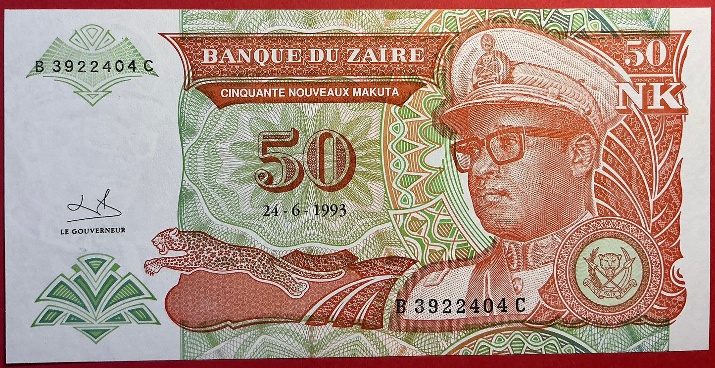 Zaïre - 50 Nouveaux Makuta 24.6.1993 P#51 Kvalitet 0