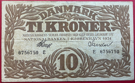 Danmark - 10 Kroner 1934 (E6756750) Sieg#104 Kvalitet 1/1+