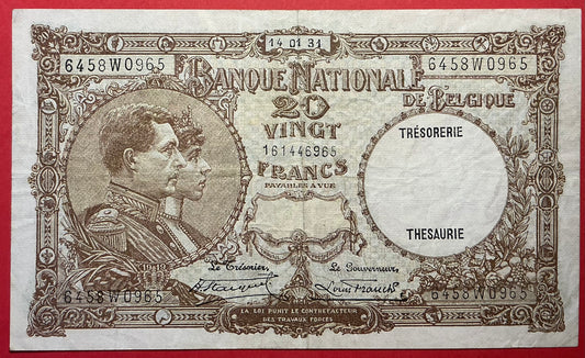 Belgium - 20 Francs 14.01.1931 P#98b Kvalitet 1+ *Pinholes*
