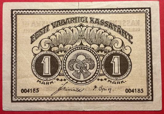 Estonia - 1 Mark 1919 P#43a Kvalitet 1+ *Mindre riv i midten i toppen*