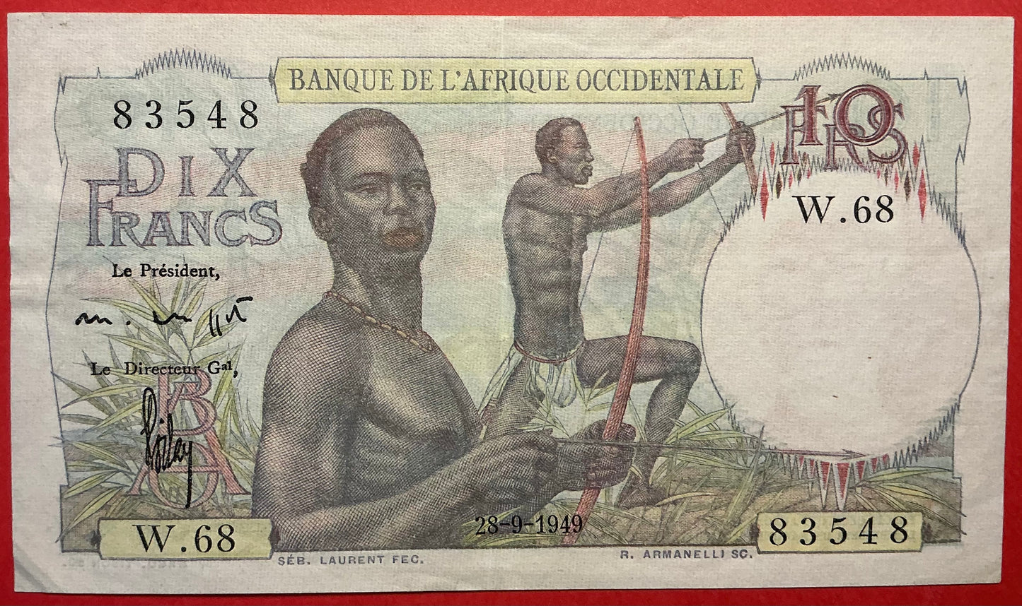 French West Africa - 10 Francs 28.9.1949 P#37 Kvalitet 1+