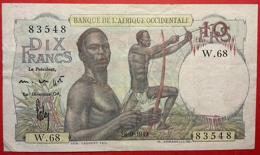 French West Africa - 10 Francs 28.9.1949 P#37 Kvalitet 1+