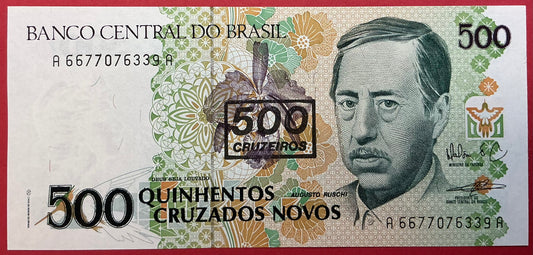 Brazil - 500 Cruzeiros on 500 Cruzados Novos (1990) P#226b Kvalitet 0