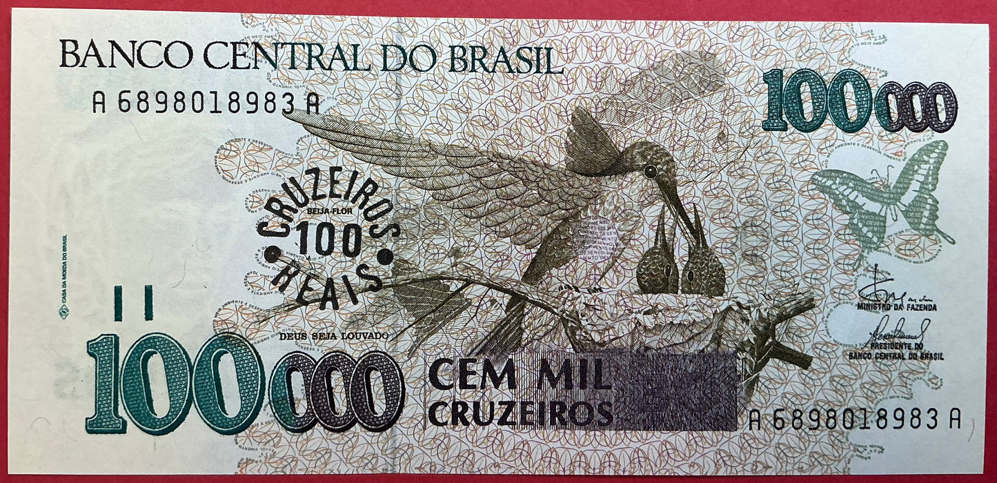 Brazil - 100.000 Cruzeiros Reals on 100.000 Cruzeiros (1993) P#238 Kvalitet 0