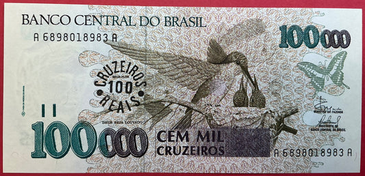 Brazil - 100.000 Cruzeiros Reals on 100.000 Cruzeiros (1993) P#238 Kvalitet 0