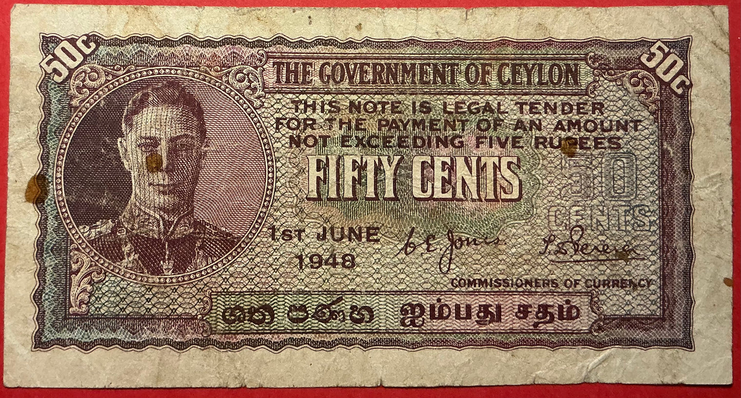 Ceylon - 50 Cents 1.6.1948 P#45a Kvalitet 1-/1